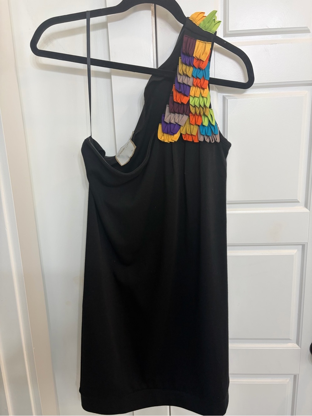 Black One-Shoulder Dress with Multicolor Feathered Shoulder Detail